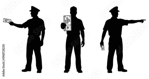 Police Officer Silhouettes Showing Tickets and Directing Traffic on White Background