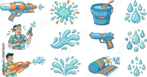 Songkran festival illustration featuring people playing with water guns and various water splashes.