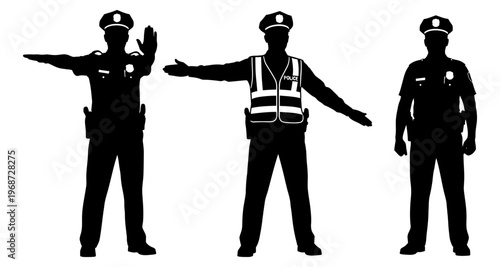 Police Officers Silhouettes Directing Traffic With Hand Gestures Isolated On White