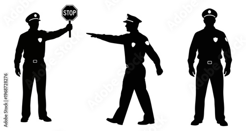 Police Officers Silhouettes Gesturing Halt and Directing Traffic Isolated Vector Art