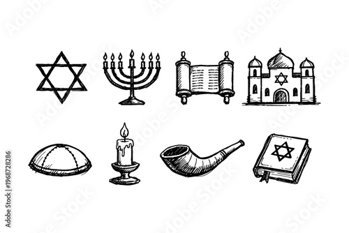 Collection of hand-drawn Jewish religious symbols and cultural icons in a sketch style