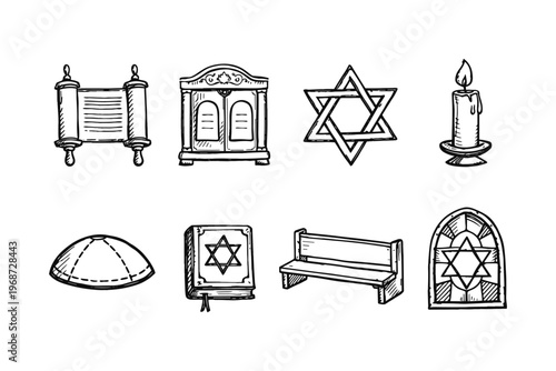 Collection of hand-drawn Jewish religious symbols and items for a synagogue