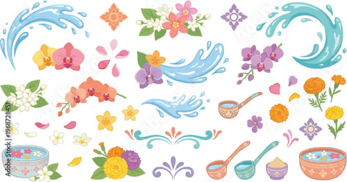 Decorative Songkran festival elements featuring tropical flowers, floral water bowls and splashes.