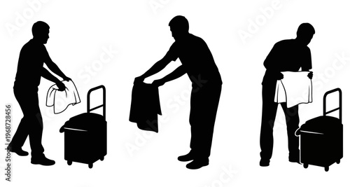 Silhouette of a person folding clothes next to a trolley commercial use vector art