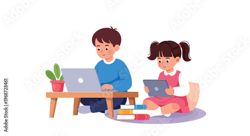 Flat style vector illustration of children studying at home using laptop and tablet for online learning, cozy environment with focused expressions, homeschooling concept