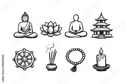 Collection of Buddhist symbols and meditation icons in a hand-drawn sketch style