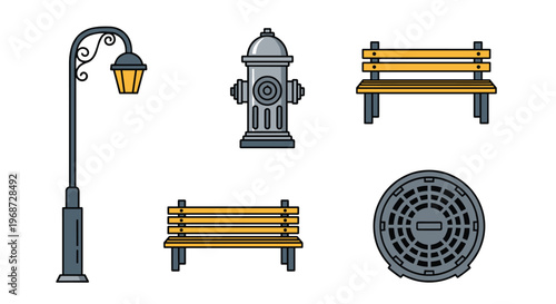 Vector illustration of urban street furniture and infrastructure elements including a lamp post fire hydrant benches and manhole cover, Generative AI.