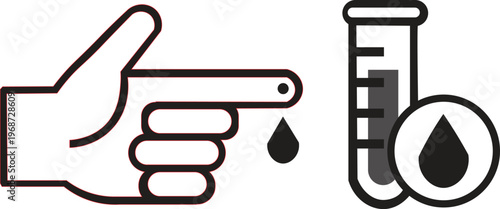 Hand Pointing with Blood Drop and Test Tube Icon – Medical Emergency, Health Monitoring, Blood Test, Healthcare and Diagnostic Vector Design