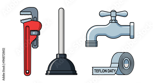 Colorful illustration of plumbing tools and fixtures including a wrench plunger faucet and teflon tape, Generative AI.