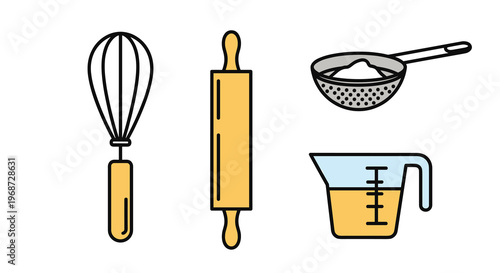 Vector illustration of kitchen utensils including whisk rolling pin sifter and measuring cup, Generative AI.