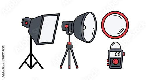 A set of professional photography studio lighting equipment including softbox umbrella reflector and light meter, Generative AI.