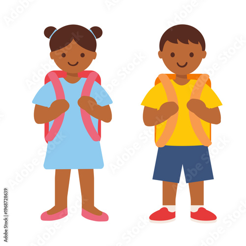 Back to school concept. Cheerful African American schoolgirl and schoolboy