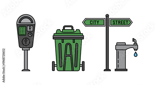 City street infrastructure icons including parking meter green trash can street sign and dripping water faucet, Generative AI.