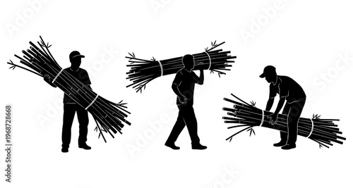 Silhouetted Farmers Carrying Bundles of Wood Agricultural Labor Rustic Lifestyle Minimalist Vector Art
