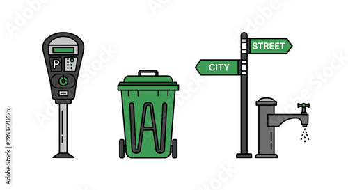 Vector illustration of urban city objects including parking meter green trash can and street signs with faucet, Generative AI.