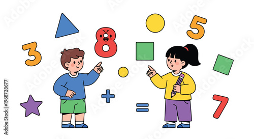 Flat style vector illustration of children learning mathematics with numbers and shapes, solving problems in classroom, modern STEM education and academic learning concept