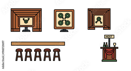 Vector illustration of a bar with monitors and stools, Generative AI.