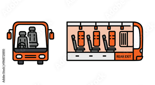 Vector illustration of a bus with front and rear interior views showing seats and exit, Generative AI.