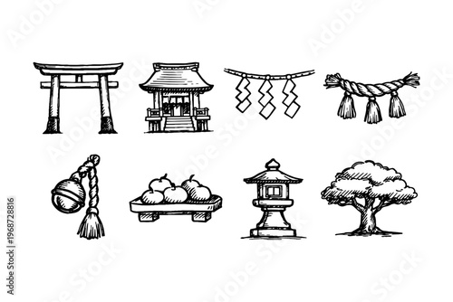 Collection of traditional Japanese shrine and garden elements in sketch style