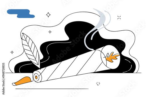 Flat line illustration of a lit marijuana joint with smoke and leaves representing cannabis culture