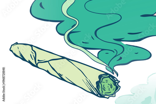 Flat line illustration of a lit marijuana joint with smoke and leaves representing cannabis culture