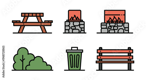 A set of six park icons including a picnic table fire pits trees a trash can and benches, Generative AI.