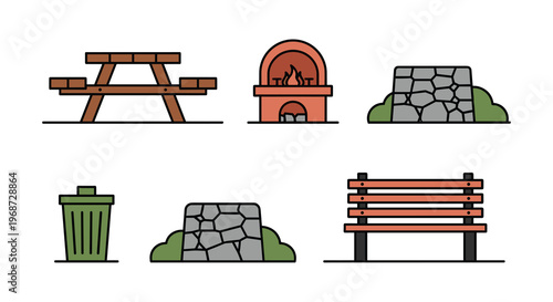 Vector illustration set of outdoor furniture and park objects including picnic table pizza oven stone wall trash can and benches, Generative AI.