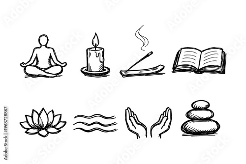 Collection of hand-drawn icons representing wellness, meditation, and relaxation activities