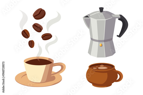 Coffee set illustration with moka pot, cup of hot coffee with roasted beans, and traditional ceramic mug