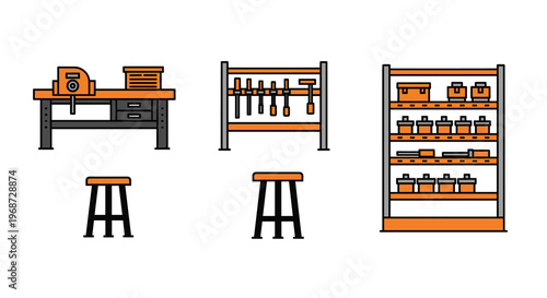 A set of orange and black workshop icons including a workbench with tools a shelving unit with equipment and two stools, Generative AI.