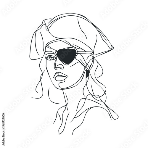 Pirate woman wearing a hat and eye patch is depicted in a minimalist continuous line art style, showcasing her adventurous and mysterious character.