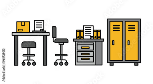 Office furniture and supplies on including desk chair filing cabinet and locker, Generative AI.