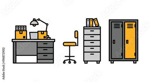 Vector illustration of office furniture including a desk with lamp and chair filing cabinets and a locker, Generative AI.