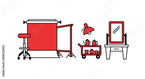 A colorful illustration of a film or photography studio setup with a red backdrop stand and chair with a tea cart and lamp, Generative AI.