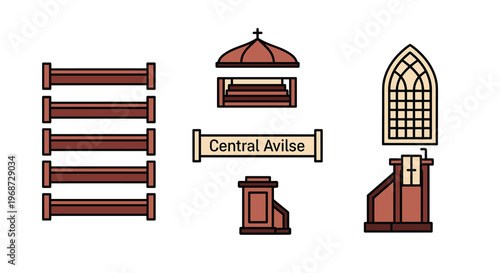 A set of church architectural elements in a cartoon style including a fence pew dome apse window and central aisle sign, Generative AI.
