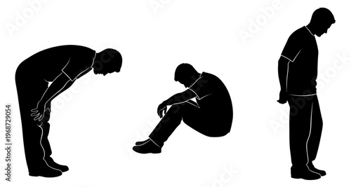 Silhouettes of Men in Various Pensive Poses Isolated on White Background Minimalist Style