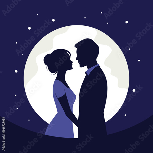 romantic couple silhouette under moonlight