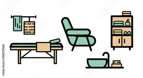 A vector illustration of a spa treatment room with green and brown furniture, Generative AI.