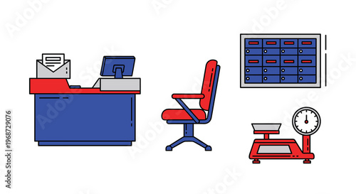Colorful office workspace with desk chair filing cabinet and scale, Generative AI.