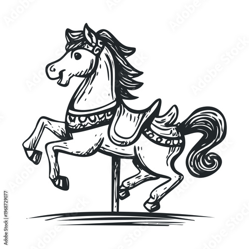Classic carousel horse illustration in a vintage hand-drawn style, perfect for children's themes, amusement park designs, or nostalgic projects.