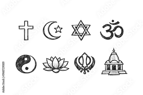 Collection of diverse religious symbols hand-drawn in a sketch style on white