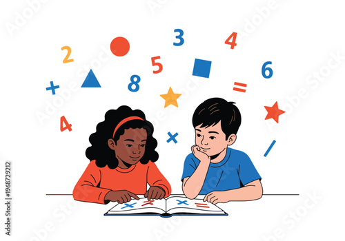 Flat style vector illustration of children learning mathematics with numbers and shapes, solving problems in classroom, modern STEM education and academic learning concept