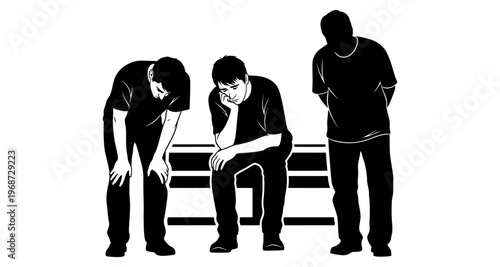 Three Men Silhouetted on Bench One Looking Down Isolated on White