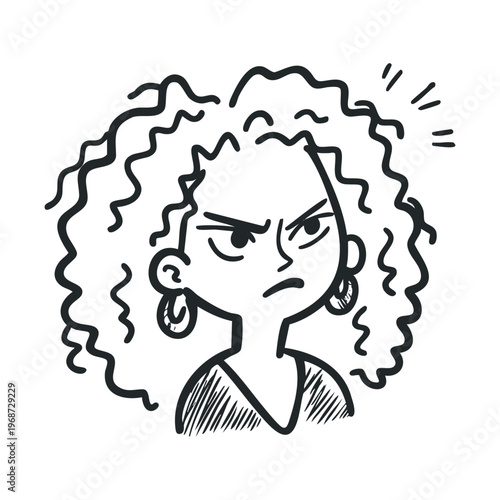 Angry cartoon woman illustration with curly hair expressing intense frustration and annoyance in a simple hand-drawn doodle style.