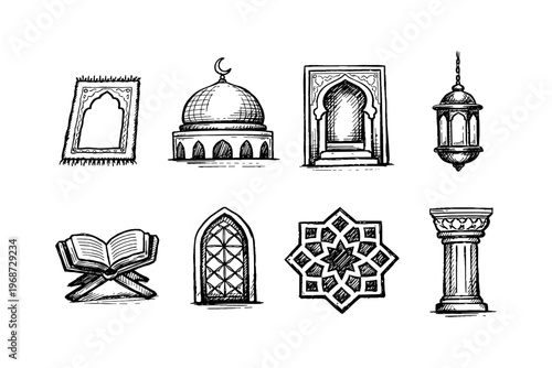 Collection of Islamic architectural elements and symbols in a hand-drawn sketch style
