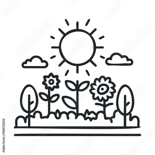 Garden plants sun and clouds shine brightly over a vibrant natural landscape, showcasing blooming flowers and lush trees in a simple illustration.