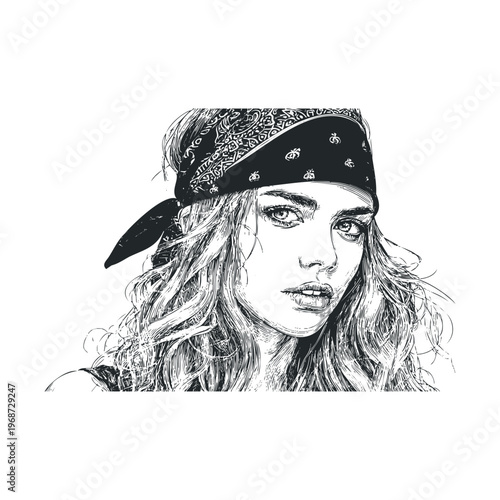 Beautiful young woman wearing a patterned bandana looking directly with an intense gaze in this detailed black and white line art illustration.