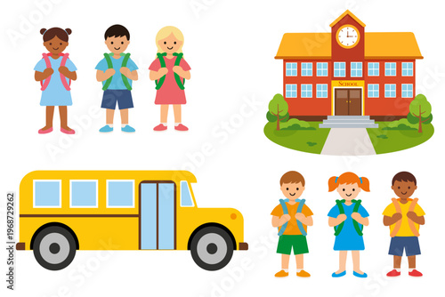 School children characters, school building, bus and education icons set, back to school flat vector illustration collection