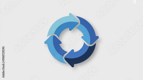 Three arrows in a circular motion symbolizing recycling renewal and continuous improvement with shades of blue on a white background