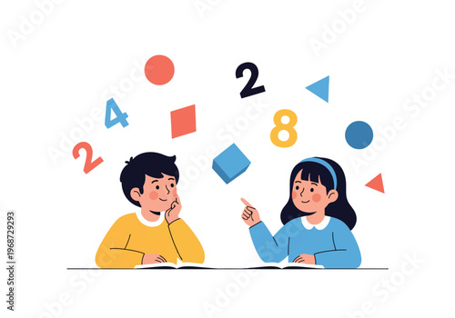 Flat style vector illustration of children learning mathematics with numbers and shapes, solving problems in classroom, modern STEM education and academic learning concept